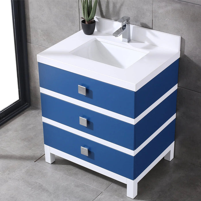 Eviva Sydney 30" Blue and White Bathroom Vanity with Solid Quartz Counter-top-EVVN654-30BLU/WH