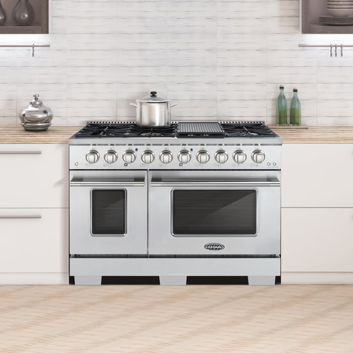 Cosmo Commercial-Style 48'' 5.5 cu. ft. Double Oven Gas Range with 8 Italian Burners and Heavy Duty Cast Iron Grates in Stainless Steel COS-GRP486G