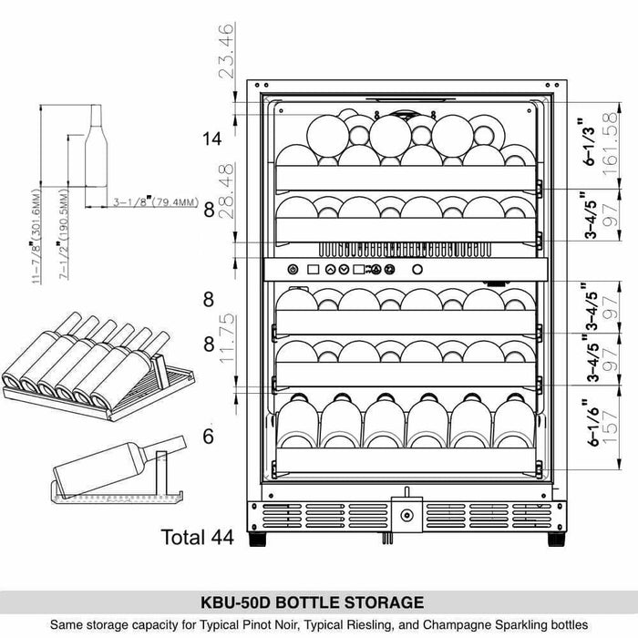 Kings Bottle 44 Bottles 24 Inch Under Counter Dual Zone Wine Cooler Drinks KBU50DX