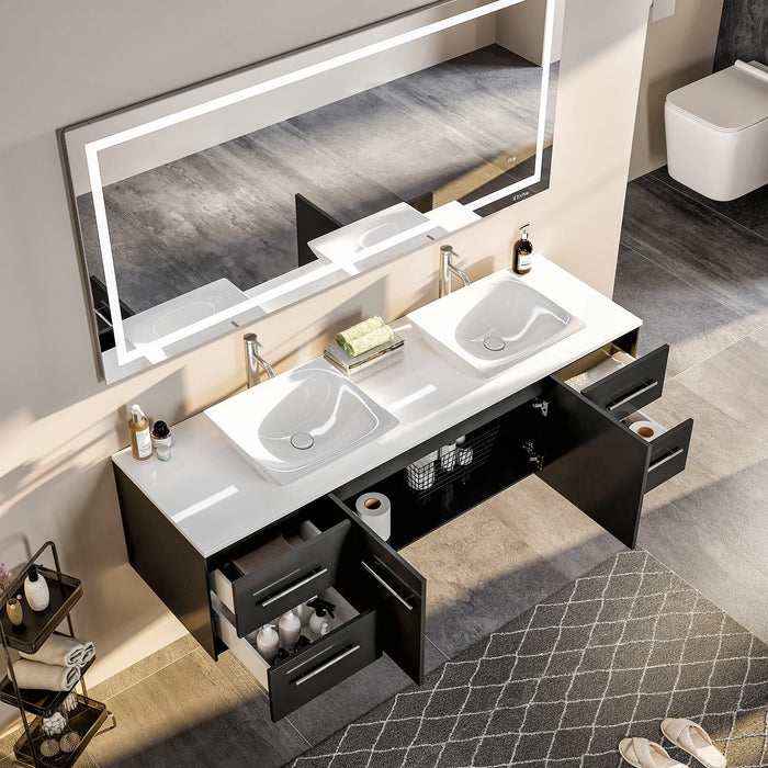 Totti Wave 60" Espresso Modern Double Sink Bathroom Vanity with Super White Man-Made Stone Top and Sinks-EVVN147-60ES