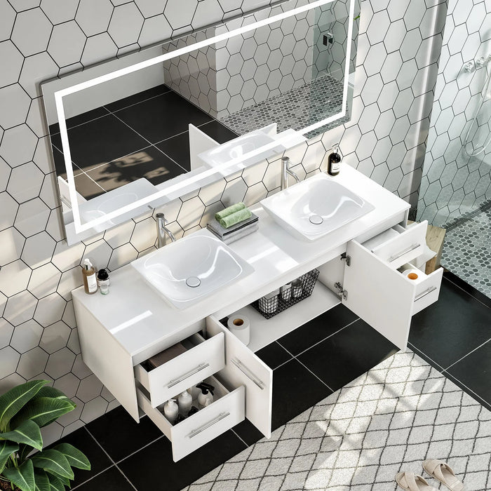 Totti Wave 60" White Modern Double Sink Bathroom Vanity with Super White Man-Made Stone Top & Sinks-EVVN147-60WH