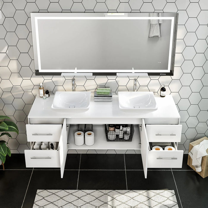 Totti Wave 72" White Modern Double Sink Bathroom Vanity with Super White Man-Made Stone Top and Sinks-EVVN147-72WH