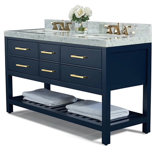 Ancerre Elizabeth 60 inch Bathroom Vanity Set in Heritage Blue with 24 inch Mirrors VTSM-ELIZABETH-60-HB-CW-GD