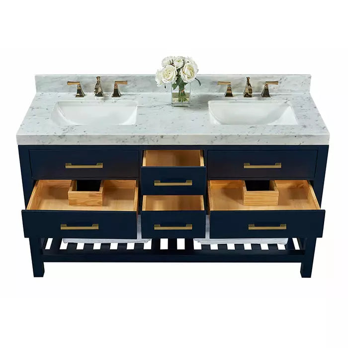 Ancerre Elizabeth 60 inch Bathroom Vanity Set in Heritage Blue with 24 inch Mirrors VTSM-ELIZABETH-60-HB-CW-GD