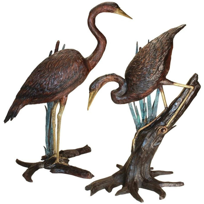Design Toscano Standing and Fishing Herons in Reeds Bronze Statues: Set of Two KW98111