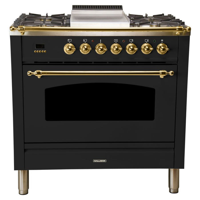 Hallman 36'' Single Oven Duel Fuel Italian Range, Brass Trim in Glossy Black HDFR36BSGB