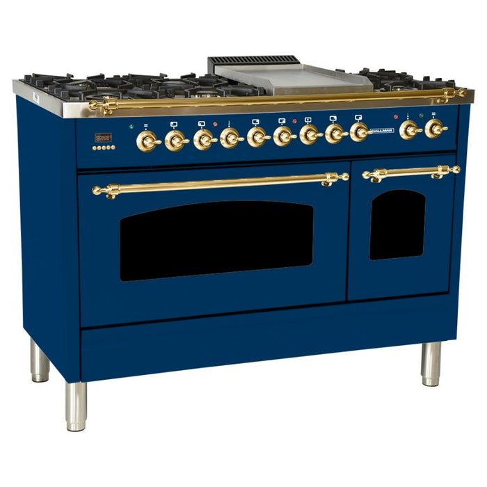 Hallman 48'' Double Oven Duel Fuel Italian Range, Brass Trim in Blue HDFR48BSBU