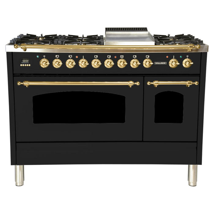 Hallman 48'' Double Oven Duel Fuel Italian Range, Brass Trim in Glossy Black HDFR48BSGB