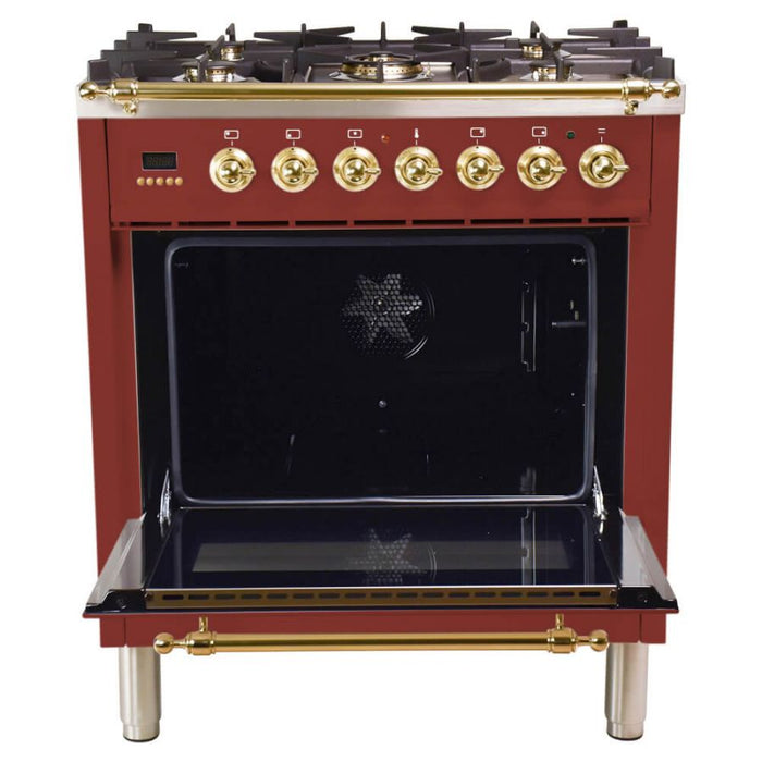 Hallman 30'' Single Oven All Gas Italian Range, Brass Trim in Burgundy HGR30BSBG
