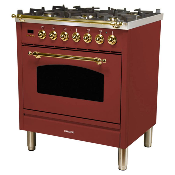 Hallman 30'' Single Oven All Gas Italian Range, Brass Trim in Burgundy HGR30BSBG