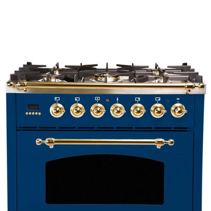 Hallman 30'' Single Oven All Gas Italian Range, Brass Trim in Blue HGR30BSBU