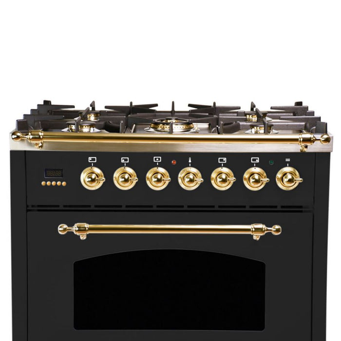 Hallman 30'' Single Oven All Gas Italian Range, Brass Trim in Glossy Black HGR30BSGB