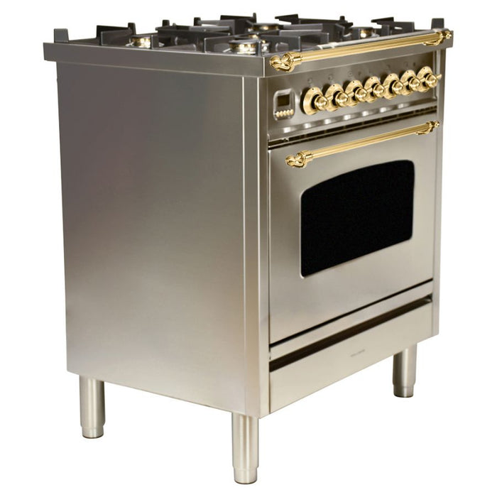 Hallman 30'' Single Oven All Gas Italian Range, Brass Trim in Stainless Steel  HGR30BSSS