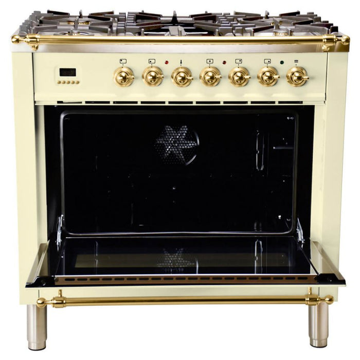 Hallman 36'' Single Oven All Gas Italian Range, Brass Trim in Antique White HGR36BSAW