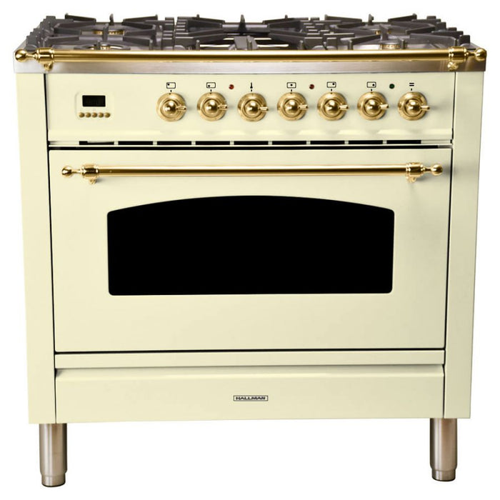 Hallman 36'' Single Oven All Gas Italian Range, Brass Trim in Antique White HGR36BSAW