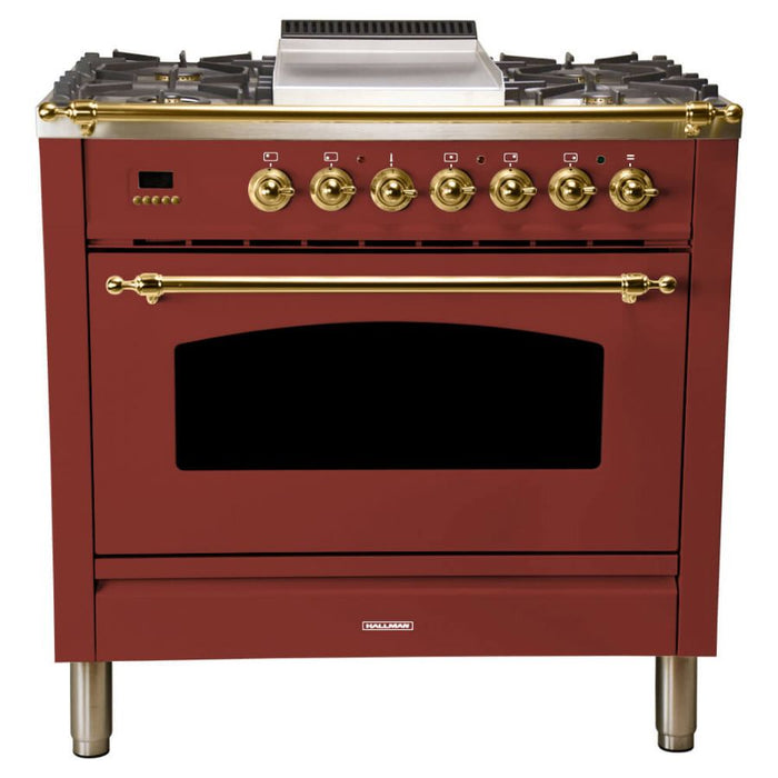 Hallman 36'' Single Oven All Gas Italian Range, Brass Trim in Burgundy HGR36BSBG