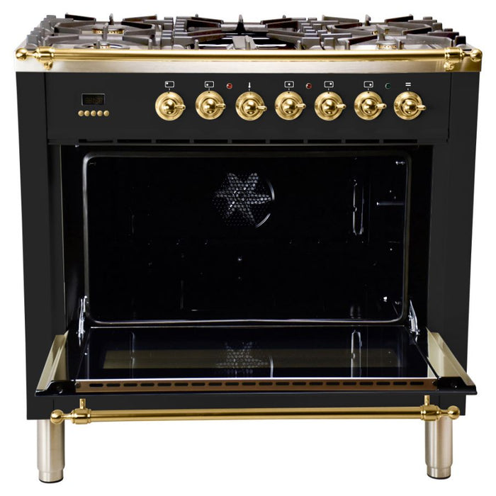 Hallman 36'' Single Oven All Gas Italian Range, Brass Trim in Glossy Black HGR36BSGB