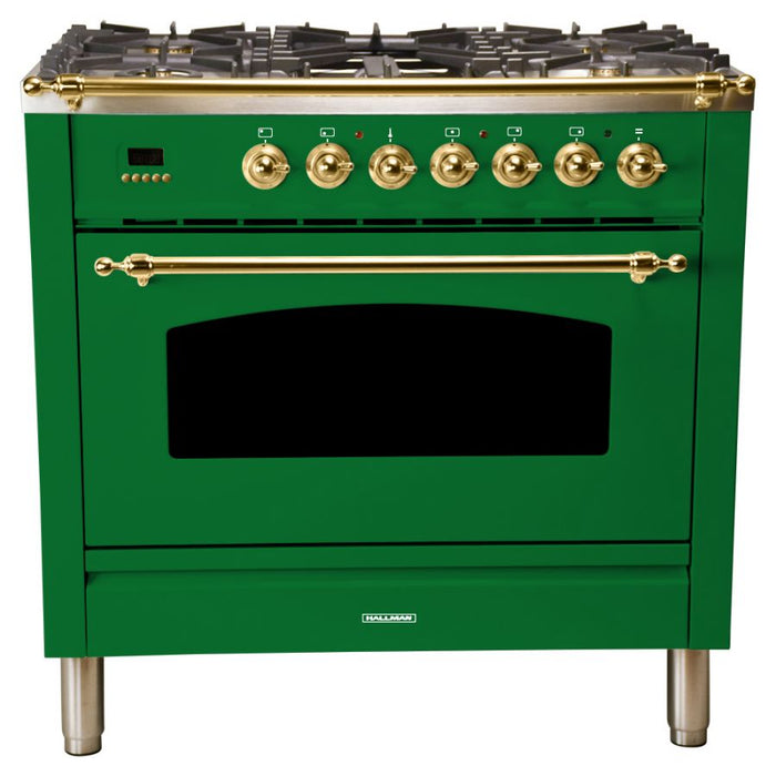 Hallman 36'' Single Oven All Gas Italian Range, Brass Trim in Emerald Green HGR36BSGN