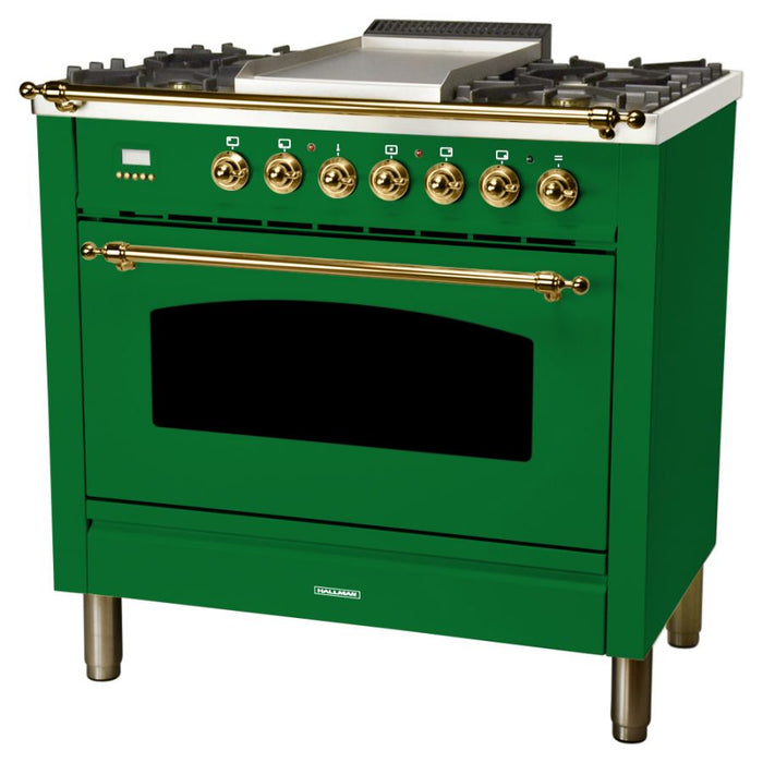 Hallman 36'' Single Oven All Gas Italian Range, Brass Trim in Emerald Green HGR36BSGN