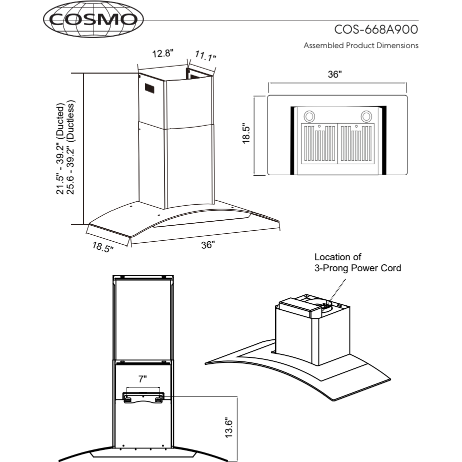 Cosmo 668A900 36-Inch Stainless Steel Wall Mount Range Hood