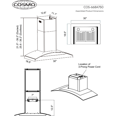 Cosmo 668as750 30 in. Wall Mount Range Hood with Tempered Glass
