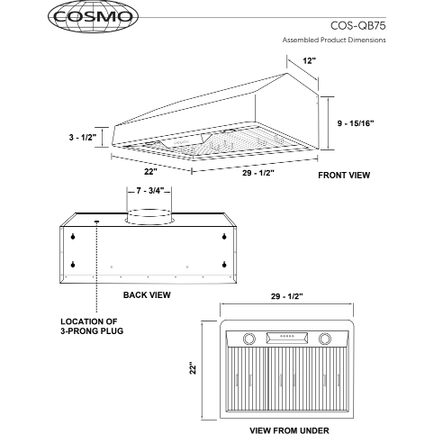Cosmo 30" Ducted Under Cabinet Range Hood in Stainless Steel with Push Button Controls, LED Lighting and Permanent Filters COS-QB75