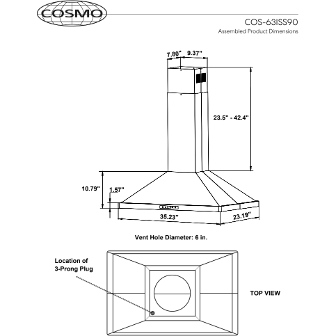 Cosmo 36" Ducted Island Range Hood with 380 CFM, 3-Speed Fan, Permanent Filters, LED Lights in Stainless Steel COS-63ISS90