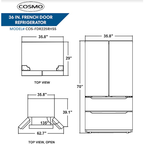 Cosmo 22.5 cu. ft. 4-Door French Door Refrigerator with Recessed Handle in Stainless Steel, Counter Depth  COS-FDR225RHSS