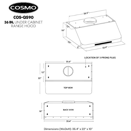 Cosmo 36" Ducted Under Cabinet Range Hood in Stainless Steel with Touch Display, LED Lighting and Permanent Filters COS-QS90
