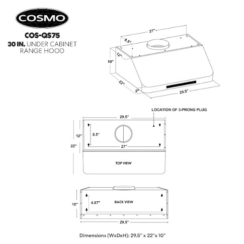 Cosmo 30" Ducted Under Cabinet Range Hood in Stainless Steel with Touch Display, LED Lighting and Permanent Filters COS-QS75
