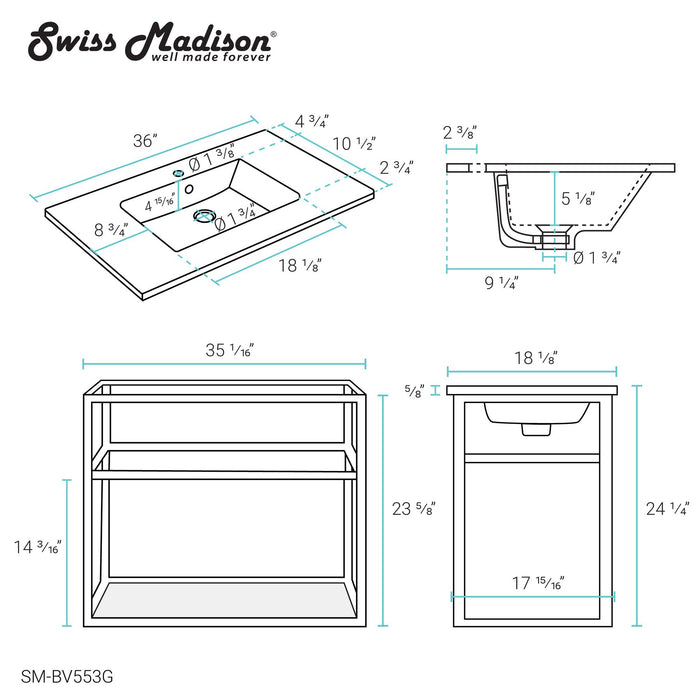 Swiss Madison Pierre 36" Single, Open Shelf, Gold Metal Frame Bathroom Vanity - SM-BV553G