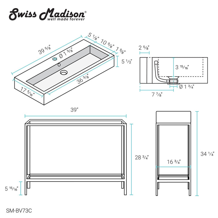 Swiss Madison Pierre 40" Single, Freestanding, Open Shelf, Chrome Metal Frame Bathroom Vanity - SM-BV73C