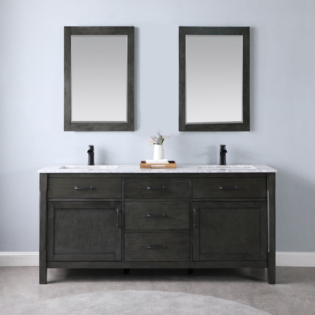 images Altair Maribella 72" Double Bathroom Vanity Set in Rust Black and Carrara White Marble Countertop with Mirror 535072-RL-CA - Image 1
