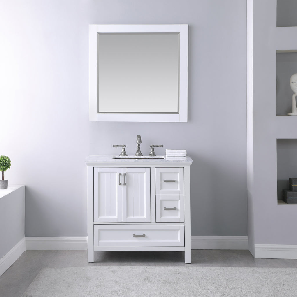 images Altair Isla 36" Single Bathroom Vanity Set in White and Carrara White Marble Countertop with Mirror 538036-WH-CA - Image 1