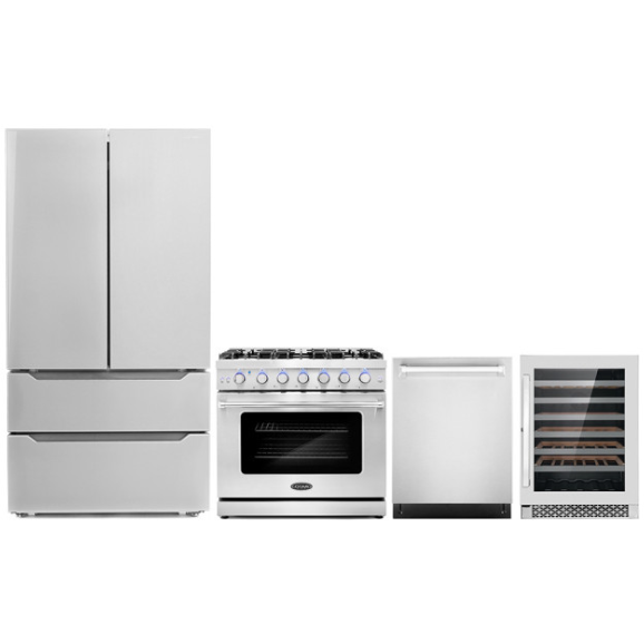 images Cosmo 4-Piece, 36" Gas Range, Dishwasher, Refrigerator and 48 Bottle Wine Cooler COS-4PKG-104 - Image 1