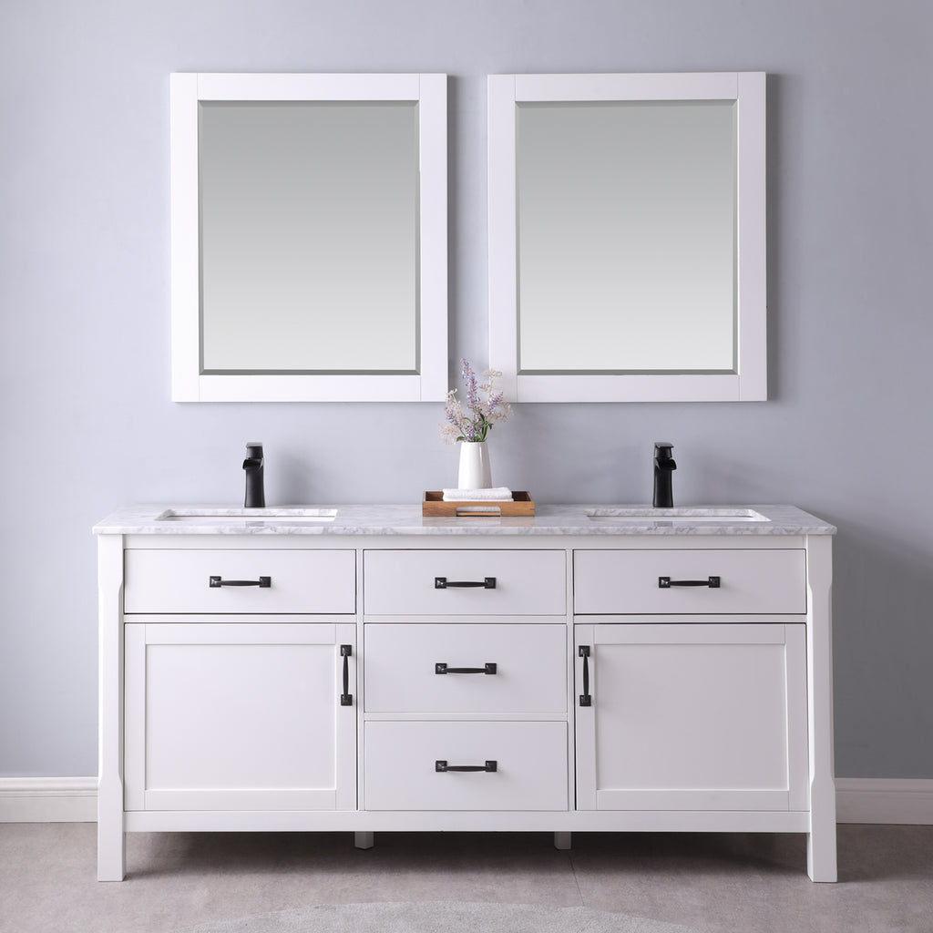 images Altair Maribella 72" Double Bathroom Vanity Set in White and Carrara White Marble Countertop with Mirror 535072-WH-CA - Image 1