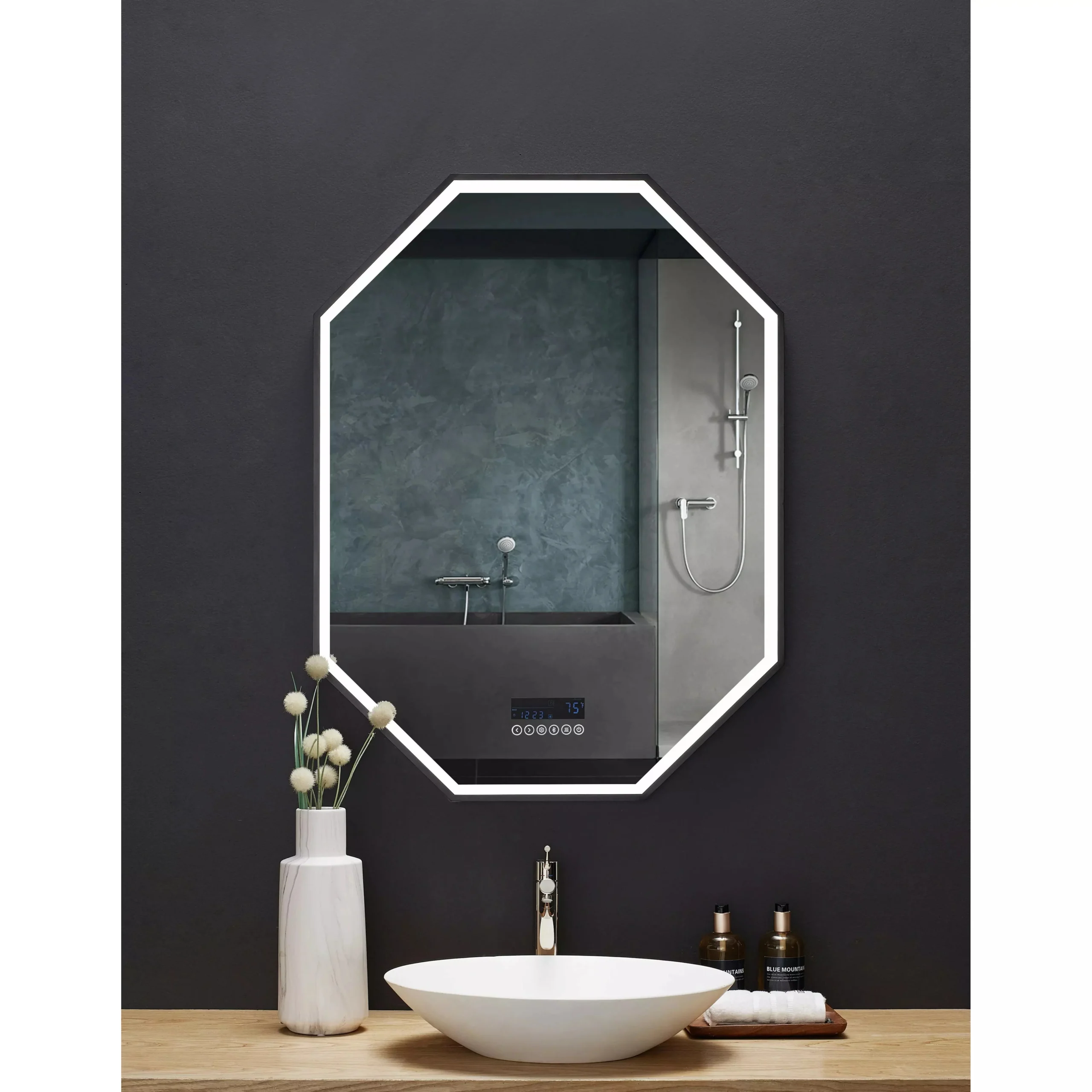 images Ancerre Otto Octagon Black Framed Lighted Bathroom Vanity Mirror with Bluetooth and Digital Display - Image 1