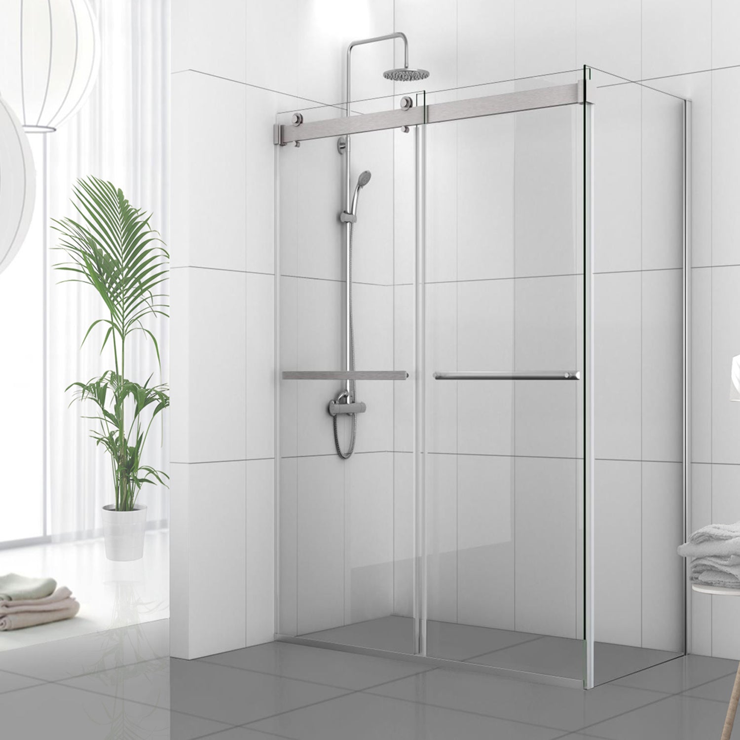 images Vinnova Spezia 48" W x 76" H Rectangle Double Sliding Frameless Shower Enclosure in Brushed Nickel 301048+36P-BN - Image 1