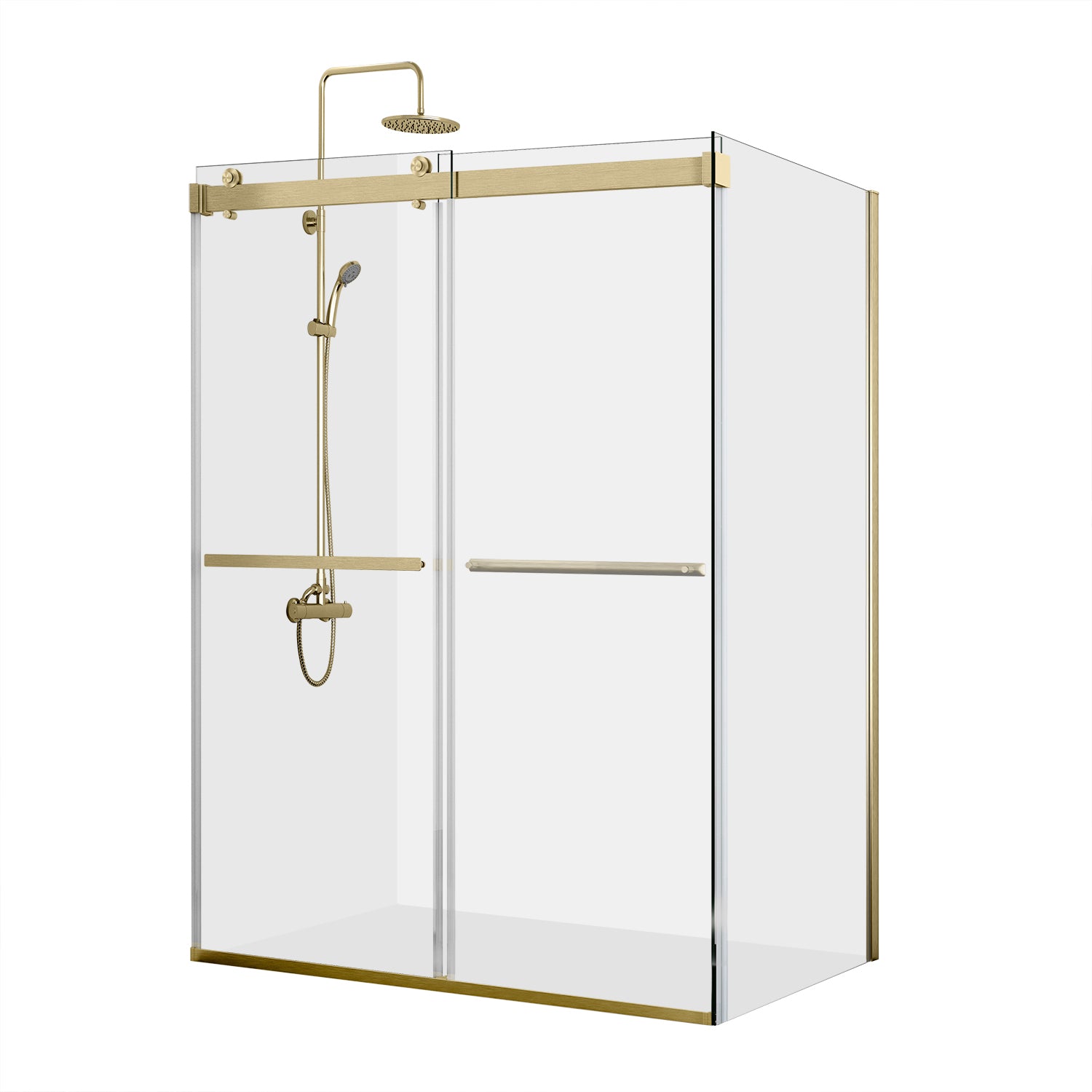 images Vinnova Spezia 64" W x 76" H Rectangle Double Sliding Frameless Shower Enclosure in Brushed Gold 301064+36P-BG - Image 1
