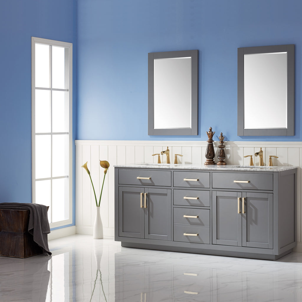 images Altair Ivy 72" Double Bathroom Vanity Set in Gray and Carrara White Marble Countertop with Mirror 531072-GR-CA - Image 1
