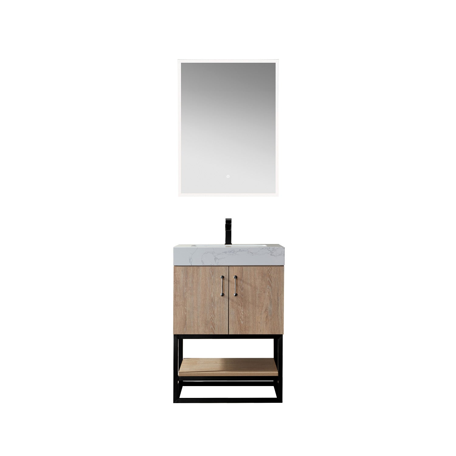images Vinnova Alistair 24B" Single Vanity in North American Oak with White Grain Stone Countertop With Mirror 789024B-NO-GW - Image 1