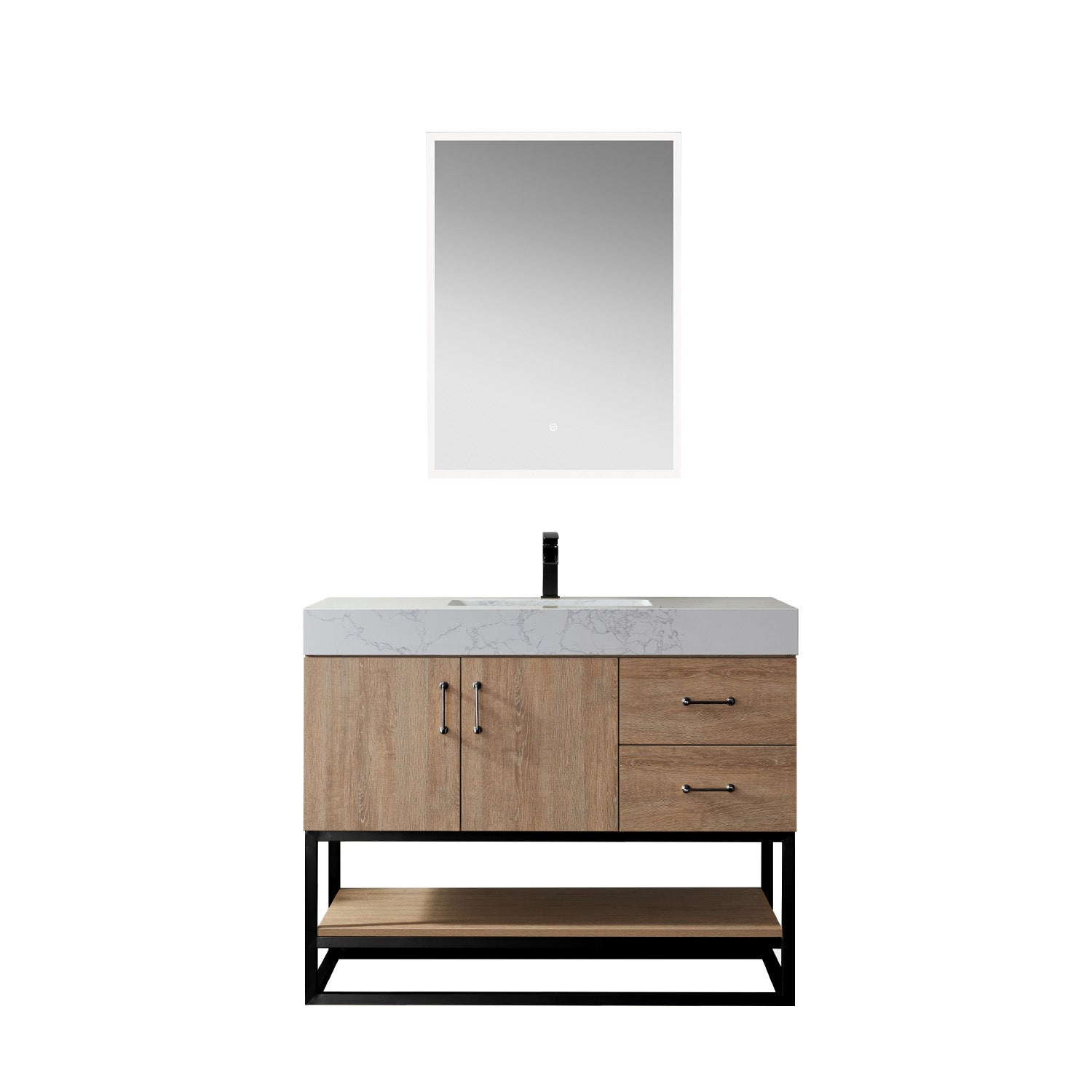 images Vinnova Alistair 42B" Single Vanity in North American Oak with White Grain Stone Countertop With Mirror 789042B-NO-GW - Image 1