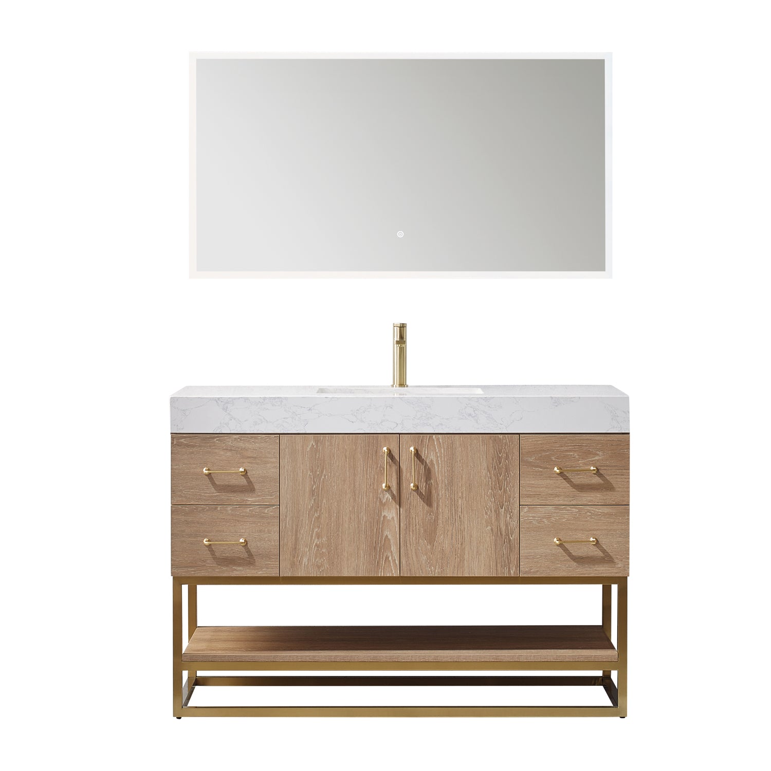 images Vinnova Alistair 48" Single Vanity in North American Oak with White Grain Stone Countertop With Mirror 789048-NO-GW - Image 1
