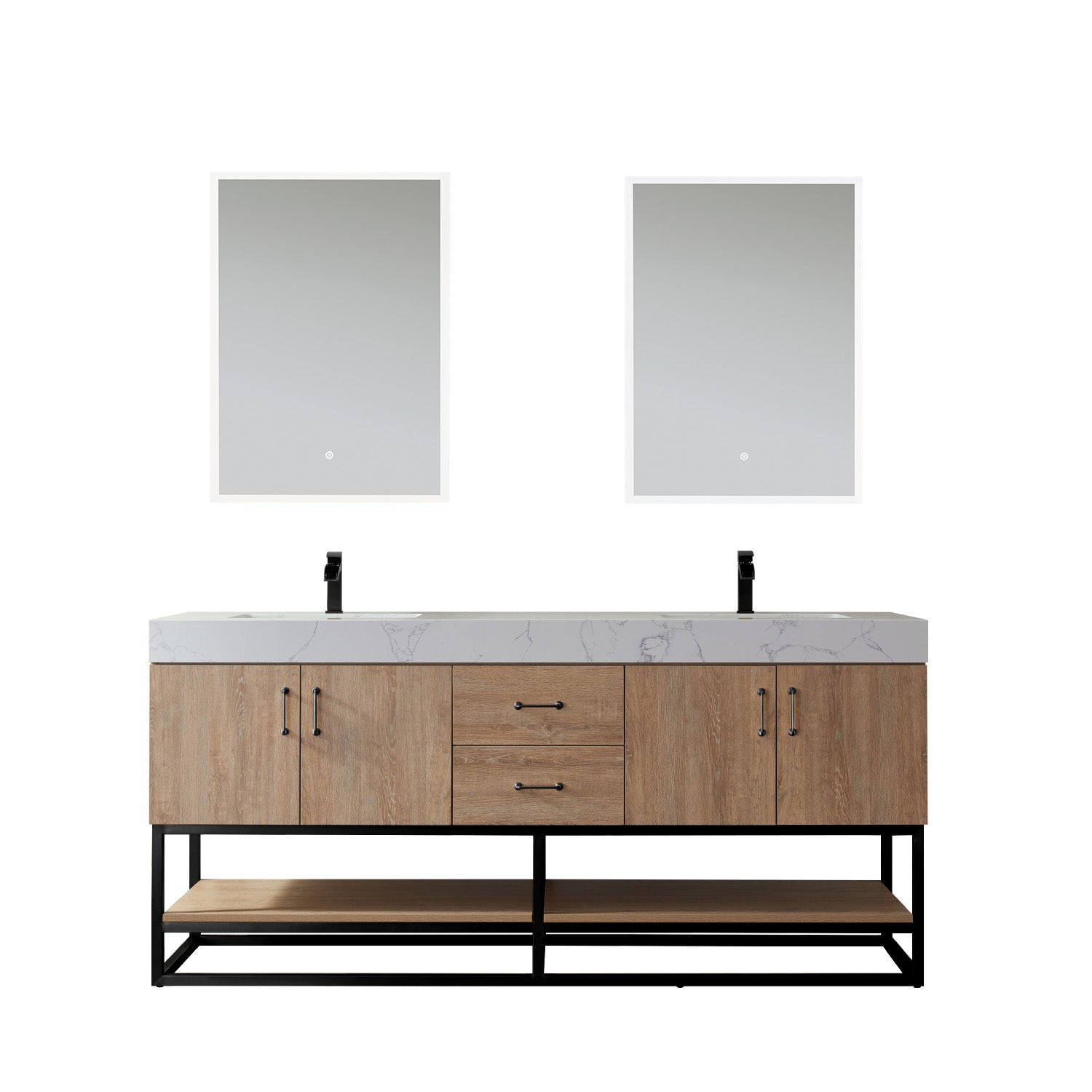 images Vinnova Alistair 72B" Double Vanity in North American Oak with White Grain Stone Countertop With Mirror 789072B-NO-GW - Image 1