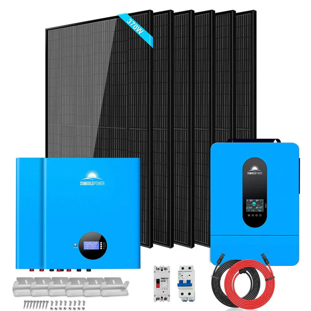 images SunGoldPower Off-Grid Solar Kit 6500W 48VDC 120/240VAC 10.24KWH PowerWall Lithium Battery 6 X 370 Watts Solar Panels SGM-6510M - Image 1