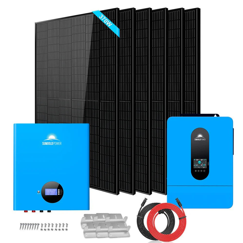 images SunGoldPower Off-Grid Solar Kit 6500W 48VDC 120/240VAC 5.12KWH PowerWall Lithium Battery 6 X 370 Watts Solar Panels SGM-655M - Image 1