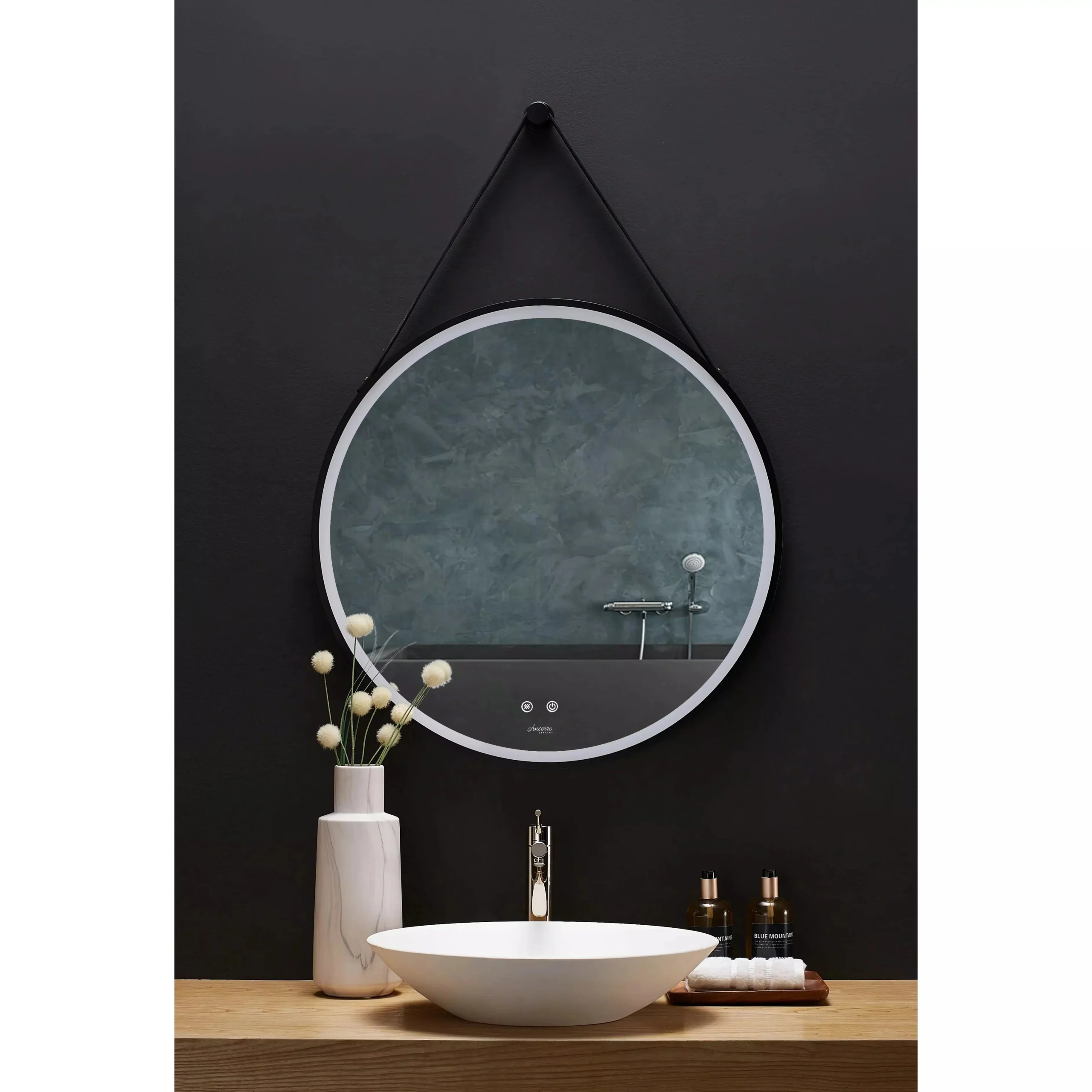 images Ancerre 24” Sangle Led Mirror Black Framed Lighted Bathroom Vanity Mirror and Vegan leather Strap LEDM-SANGLE-24-B - Image 1