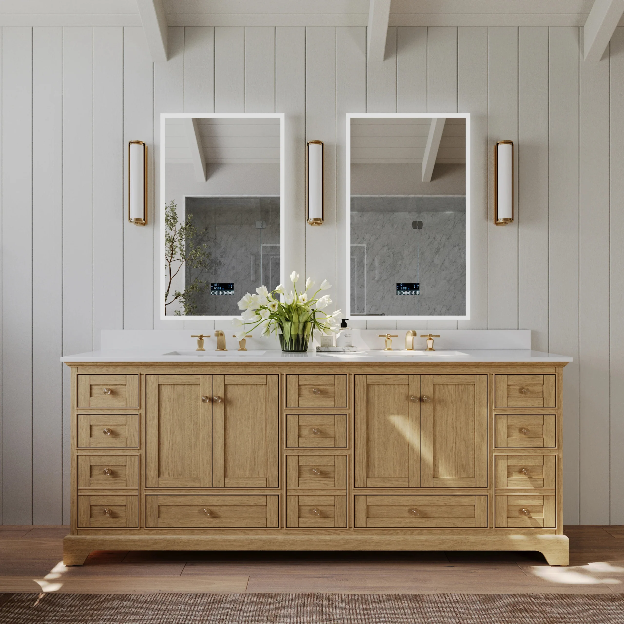 images Ancerre 84” Audrey Bathroom Vanity Oak Double Sink Cabinet Set VTS-Audrey-84-Oak-WQZ - Image 1