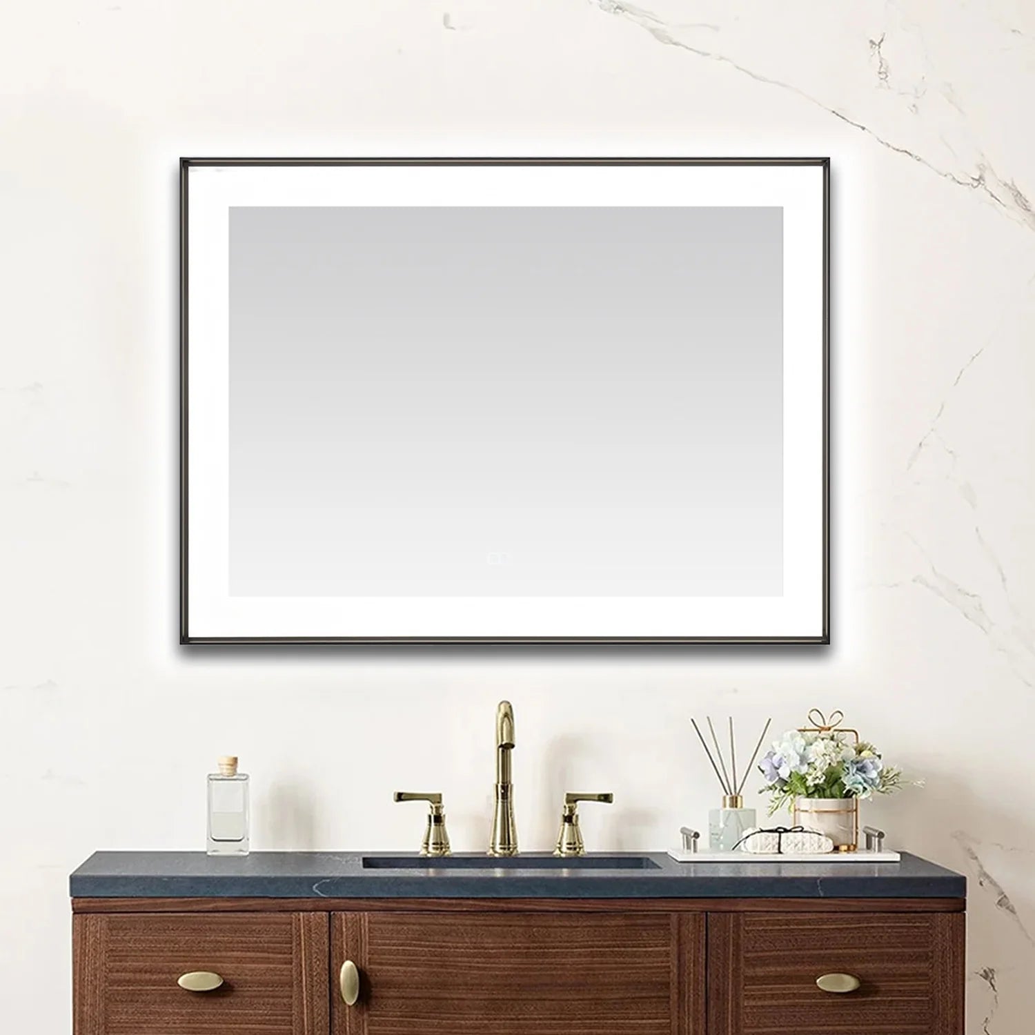 images Aquadom Lexington 48''x 36'' x 2.28'' LED Lighted Slim Frame Mirror with Defogger Matte Black Finish - Image 1
