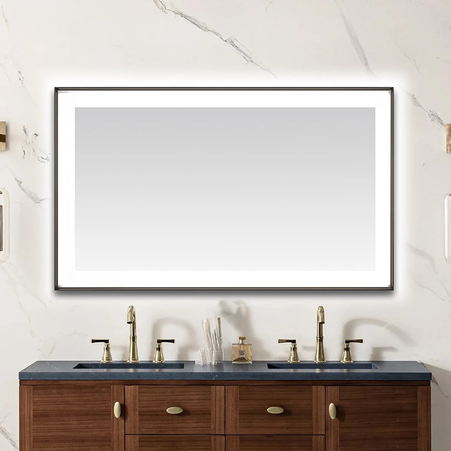 images Aquadom Lexington 60''x 36'' x 2.28'' LED Lighted Slim Frame Mirror with Defogger Matte Black Finish - Image 1